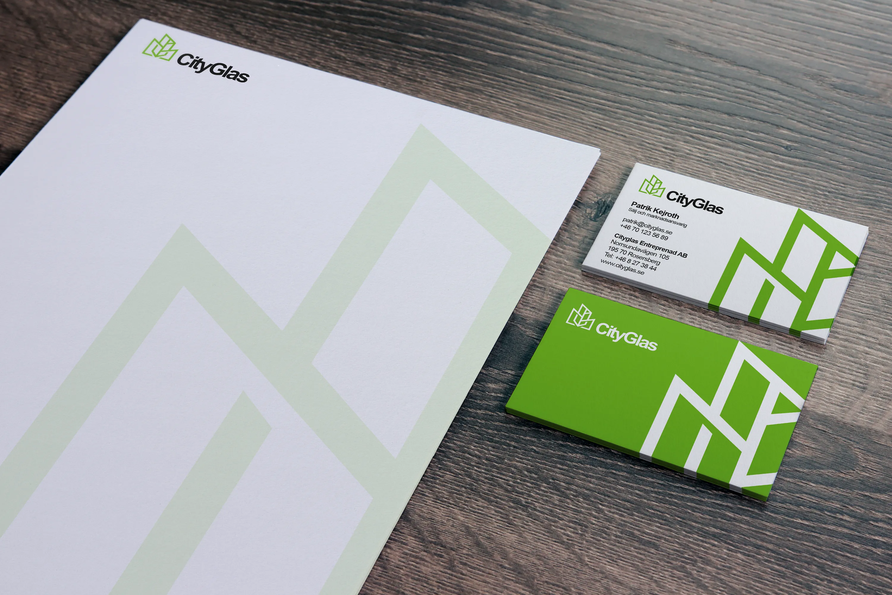 CityGlas brand identity — stationery, business cards and profile